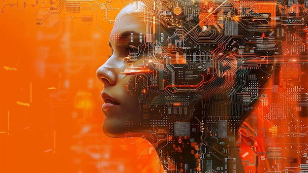 Artificial Intelligence a cyber human on an orange tones background