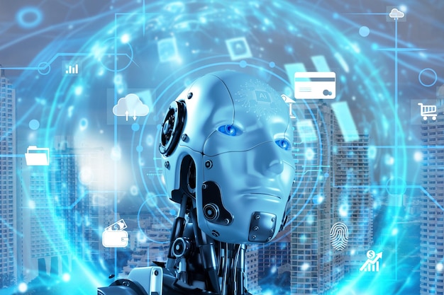 artificial intelligence robot control futuristic data screen ai robot stand on futuristic background