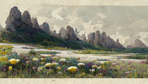 artwork sketch of natural peaceful illustration. fabulous watercolor landscape of mountains, flowers