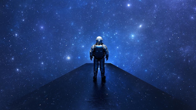 Astronaut cosmonaut stands on bridge of reflecting stars and looks into space billions of stars and galaxies Discovering new worlds 3d render