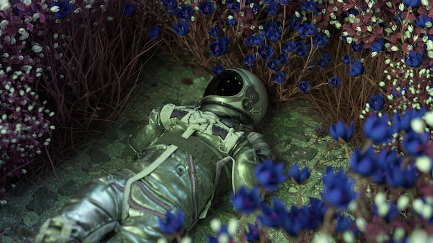 astronaut in eternal slumber surrounded by a mystical blue and violet flower bed in a d alien world