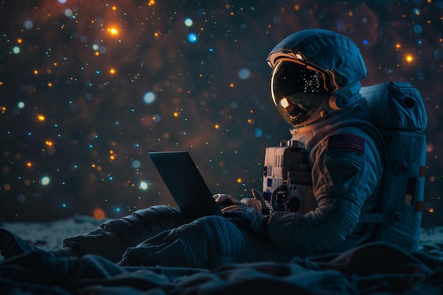Astronaut using a laptop and light