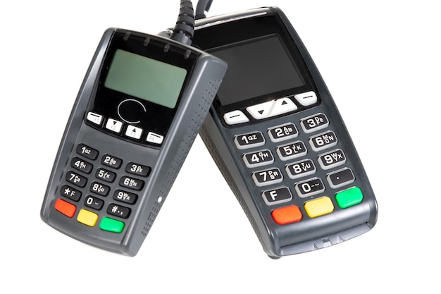atm point of sale and contactless merchant payment terminal in white background