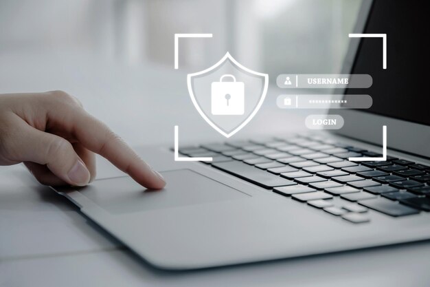 authentication. people hand entering password code on laptop computer, cyber internet security, information security, digital marketing, shopping online, online payment and digital technology concept