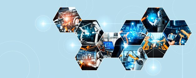 Automated AI industry robot and robotic arms assembly in factory production NLP
