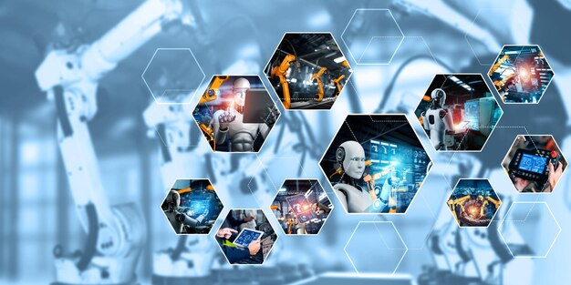 Automated AI industry robot and robotic arms assembly in factory production NLP