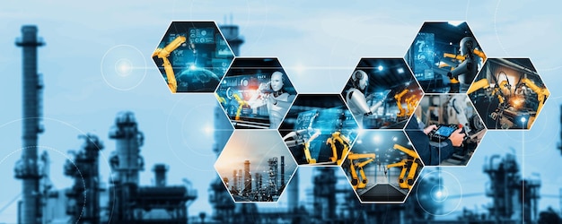 Automated AI industry robot and robotic arms assembly in factory production NLP