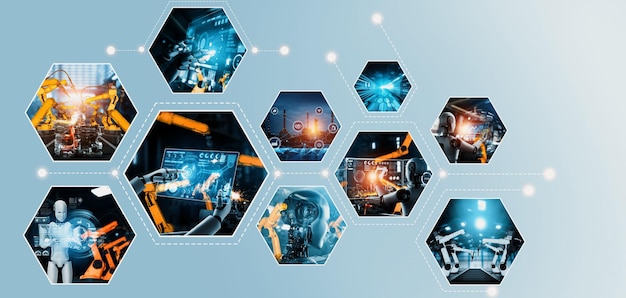 Automated AI industry robot and robotic arms assembly in factory production NLP