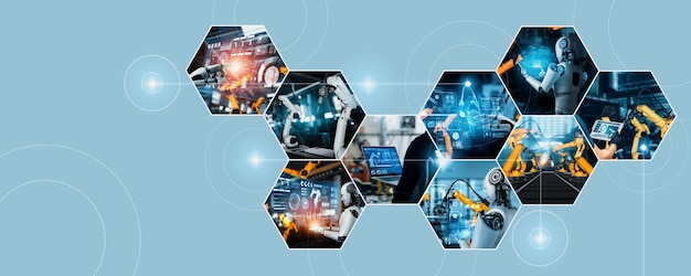Automated AI industry robot and robotic arms assembly in factory production NLP