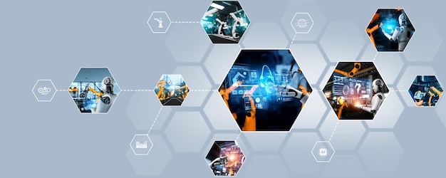 Automated ai industry robot and robotic arms assembly in factory production nlp