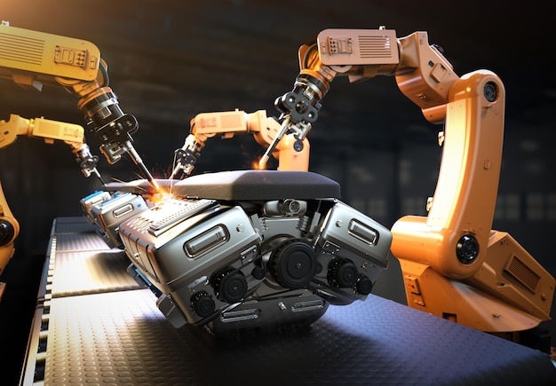 automation automobile factory concept with 3d rendering robot assembly line with car engine or machine in factory