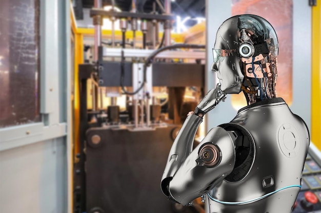 Automatisering fabrikkkonsept med 3D-rendering av cyborg som jobber med maskin i fabrikk