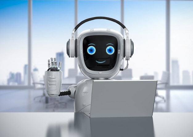 Automatisert kontorarbeider med 3D-rendering-robotassistent som rekker opp hånden for å hilse