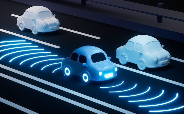 Autonomous Self Driving Car Moving through highway Autopilot and sensing systems 3d rendering