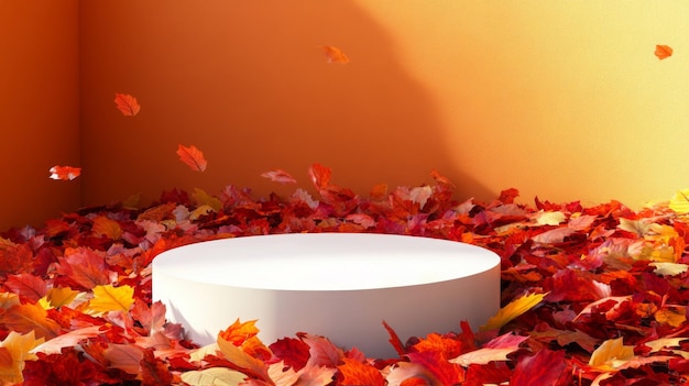 Autumn leaves surround a white circular platform in a warmhued space during fall