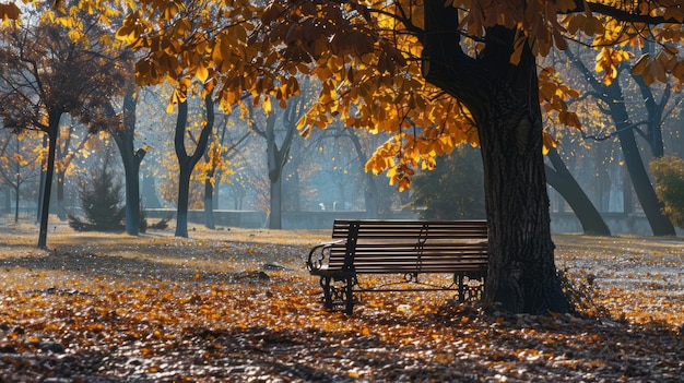 Autumn park forged bench in the park under a tree autumn landscape