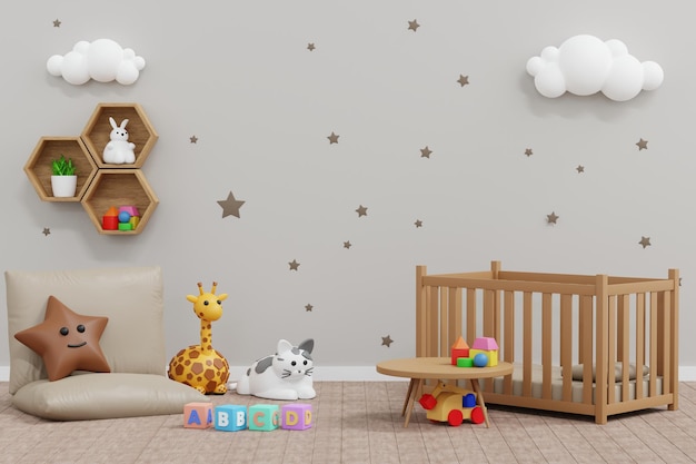 Baby kid room wall decoration doll and toy nursery children room 3D rendering