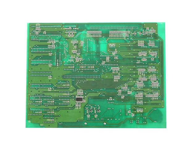 Back of computer motherboard isolated on white background