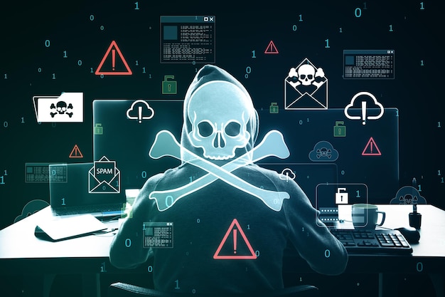 back view of hacker at desk using computers with glowing skull hologram on blurry background hacking malware and phishing concept