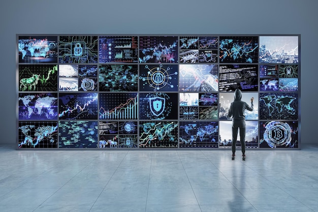 Back view of user hacker in hoodie standing in creative dark screen room with reflections on floor Information leak news and security concept