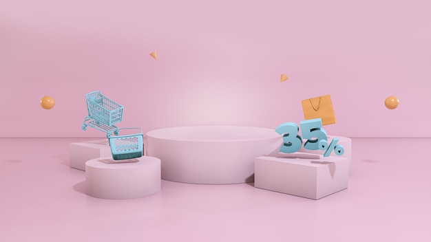 background 3d empty display with 35 Percent sale background pinky and blue with shopping cart and b