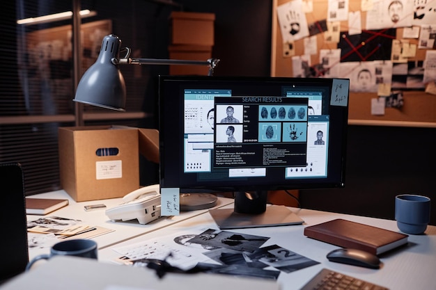 Background image of computer with personal file on desk in detectives office copy space