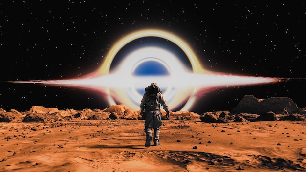 Background of an astronaut on the mars looking at the planet