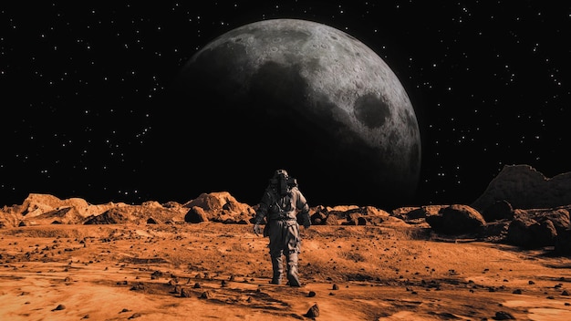 Background of an astronaut on the mars looking at the planet