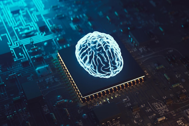 Background of artificial intelligence brain floating hologram on AI semiconductor chip 3d rendering