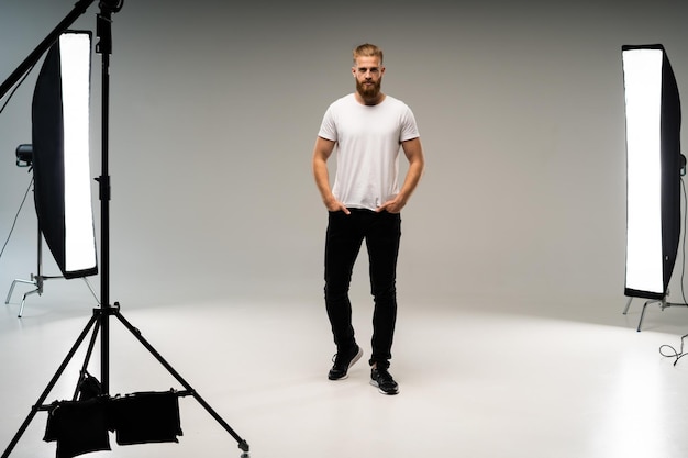 backstage selfconfident man equipment workplace photo studio concept photography of fashion look