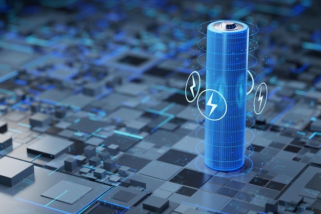 Battery on a technological background battery fast charging concept AA batteries 3D visualization