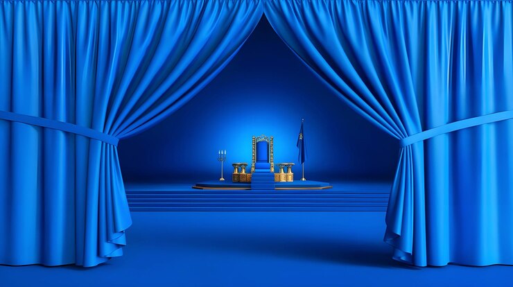 Beautiful blue curtain opening on blue background Welcome stage Opening ceremony Invitation