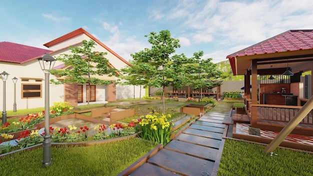 beautiful city park with a variety of fresh flower plants 3d rendering
