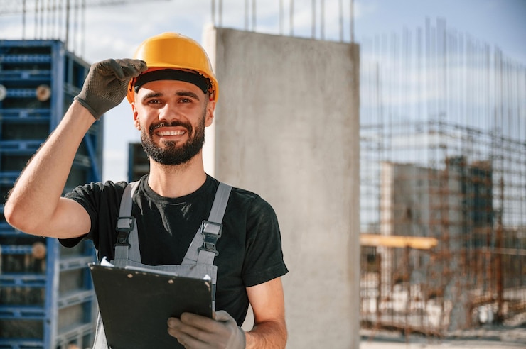 Foto beautiful portrait man in uniform is working on the construction site