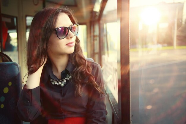 beautiful student girl in the bus