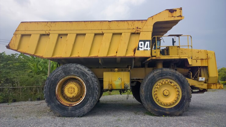 Foto big and heavy yellow dump truck side view