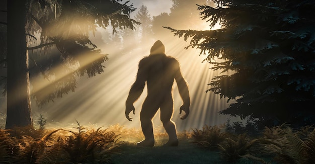 Bigfoot Sasquatch cryptid forest mist primordial apelike fur mysterious evergreen golden