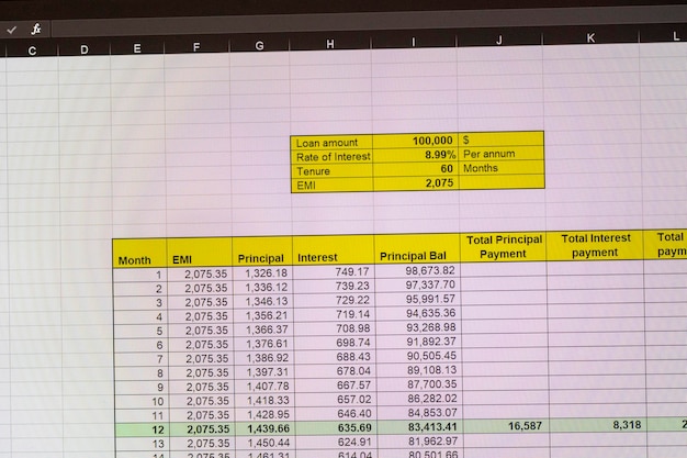 Bilde av et Excel-ark i dark mode på en dataskjerm som viser en amortiseringstabell for banklån