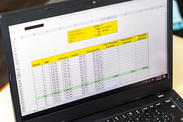 Bilde av et Excel-ark på dataskjermen som viser en nedbetalingstabell for banklån Regnskap
