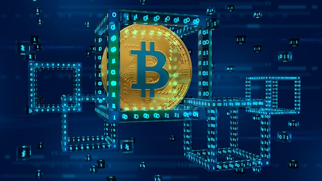 bitcoin. 3d physical golden bitcoin inside the block with digital code. blockchain  3d render.