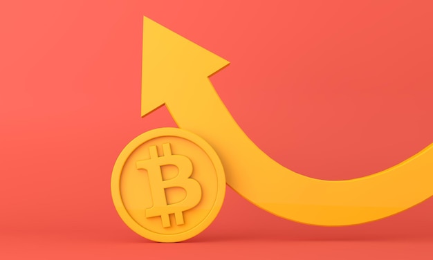 bitcoin cryptocurrency coin on an upward trend arrow. 3d rendering.