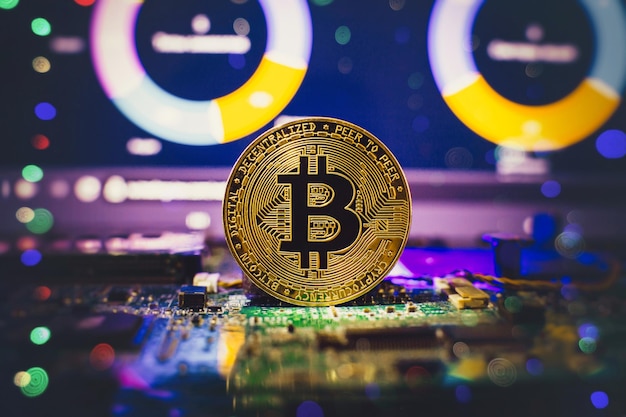 Bitcoin over a microprocessor in a motherboard With copy space and selective focusing
