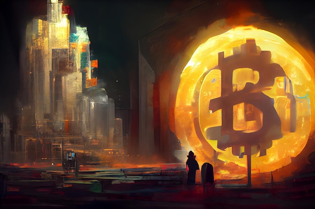 Bitcoin-tegn som svart bokstav B på gul sirkelbakgrunn, nevrale nettverk generert kunstmaleri