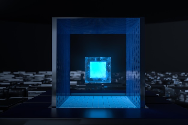 Blå og gyllen kube med glassmateriale, 3D-rendering