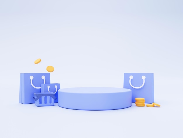 Blå podium med handlepose og myntpenger e-handel konsept på blå bakgrunn 3D illustrasjon