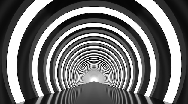 Black and white round tunnel podium abstract background. 