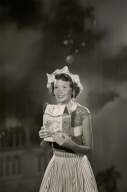 Black and White Vintage Photo of Girl with Milk Carton in Hands