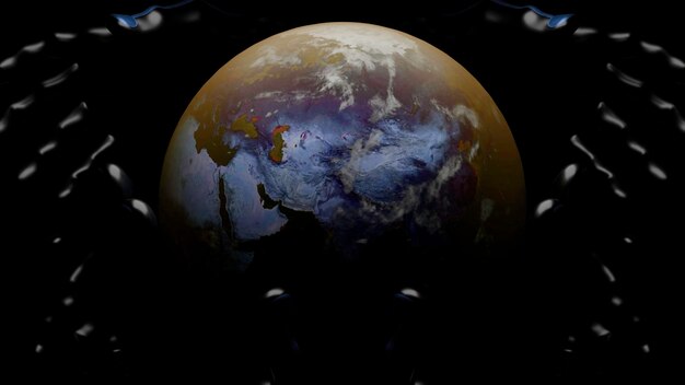Black background with rotating planet and patterns design around its axis is a rotating planet earth