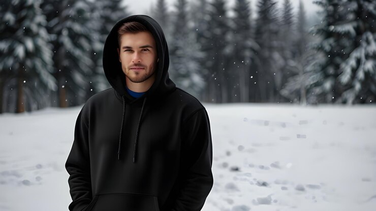 Black Blank hoodie mockup on winter snow background Blank sweatshirt black color preview template