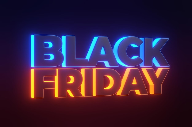 Black Friday text with bright glowing futuristic blue and orange neon lights on black background 3D